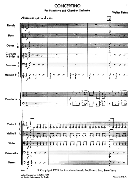 Walter Piston Piano Concertino, first page