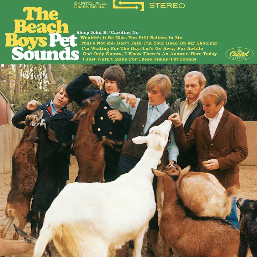 The cover for The Beach Boys LP Pet Sounds showing band members feeding animals.