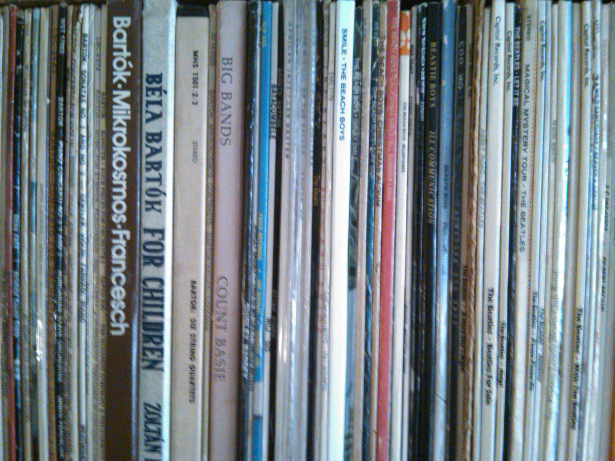 A close up of a row of LPs on a shelf showing The Beach Boys' Smile alongside albums of Bartok, Basie, The Beatles, and others.