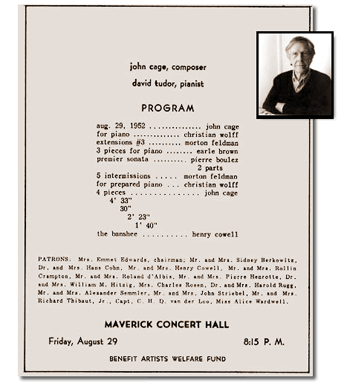 Program from the premiere performance of Cage's 4'33" at Maverick Hall.