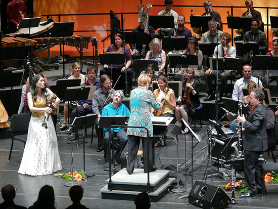 Cristina Pato (Galician bagpipes), Kayhan Kalhor (kamancheh, seated), and David Krakauer (clarinet) performing Golijov’s Rose of the Winds
