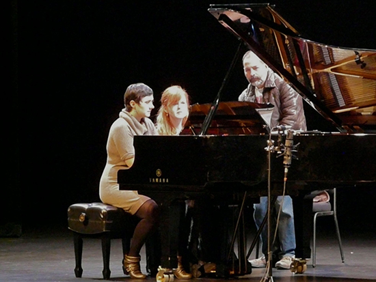 Regina Schaffer and Sarah Cahill (L-R) playing Terry Riley in the YBCA Lam Research Theater (with composer Luciano Chessa, who was called up from the audience to fill in for an absent page turner)