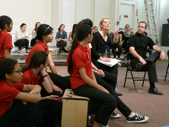 Nicole Paiement and Brian Staufenbiel with members of the San Francisco Girls Chorus, at an open rehearsal