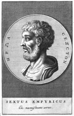 Sextus Empiricus, "from an old coin," from Les Hipotiposes ou Institutions Pirroniennes de Sextus Empiricus (Paris, 1725). The legend on the coin reads "Sextus Hero"; it is probably not Sextus Empiricus at all, but the Roman general Sextus Pompey.
