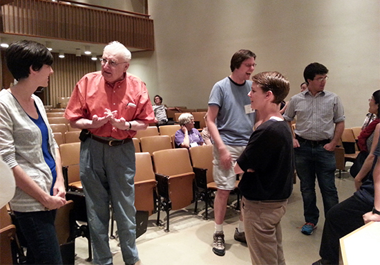 Mario Davidovsky, Emily Cooley, and Jenny Beck chat after the Meet The Composer evening