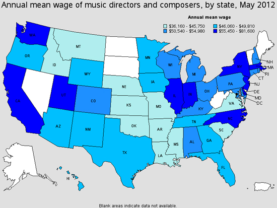 Mean Wage of Music Directors and Composers by State in 2012