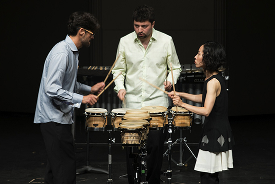 Christopher Froh, Ian Rosenbaum, and Ayano Kataoka (from left) performing Part One of Reich’s Drumming 