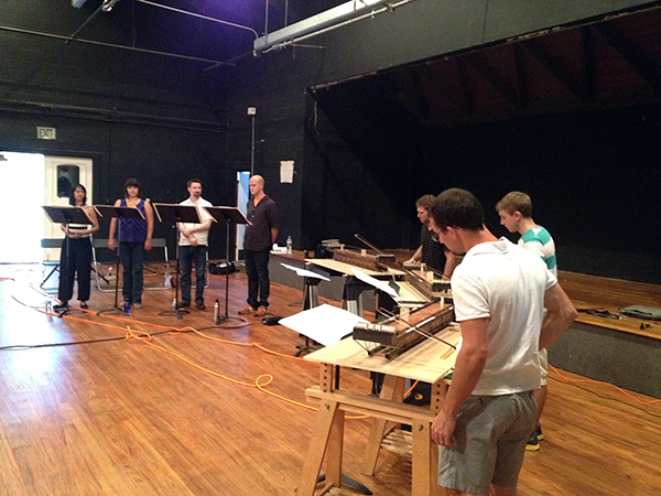 The Skiffs in rehearsal with line upon line percussion and Convergence Vocal Ensemble