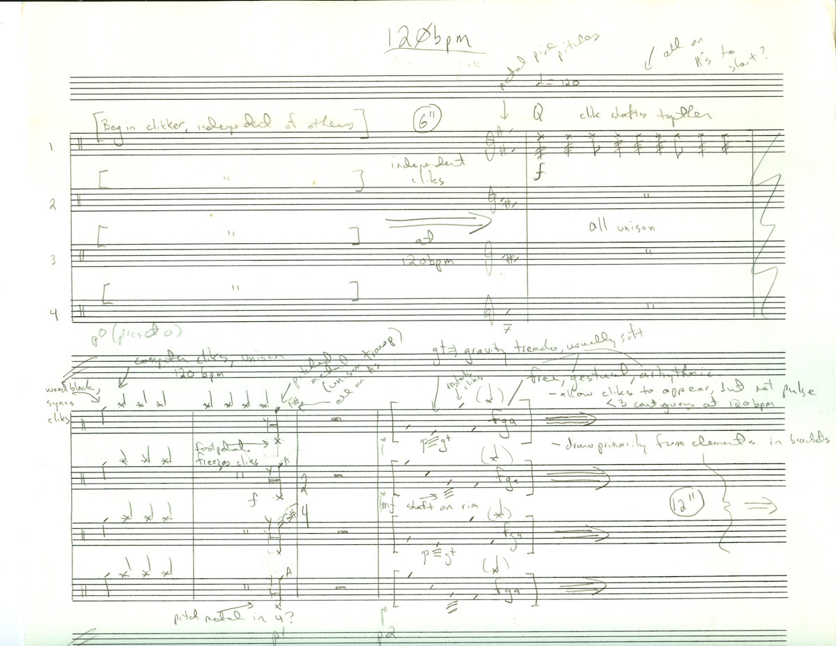Sample score page: "120bpm (Or, What is your Metronome Thinking?)" from <em>neither Anvil nor Pulley</em>
