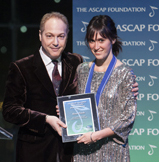 Peter Stoller presenting the Leiber and Stoller Music Scholarship to Alexis Hatch. Photo by Scott Wintrow, courtesy ASCAP.