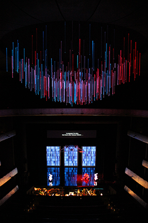 Moody Foundation Chandelier extends from the ceiling of the Winspear Opera House. Photo by Karen Almond, Dallas Opera