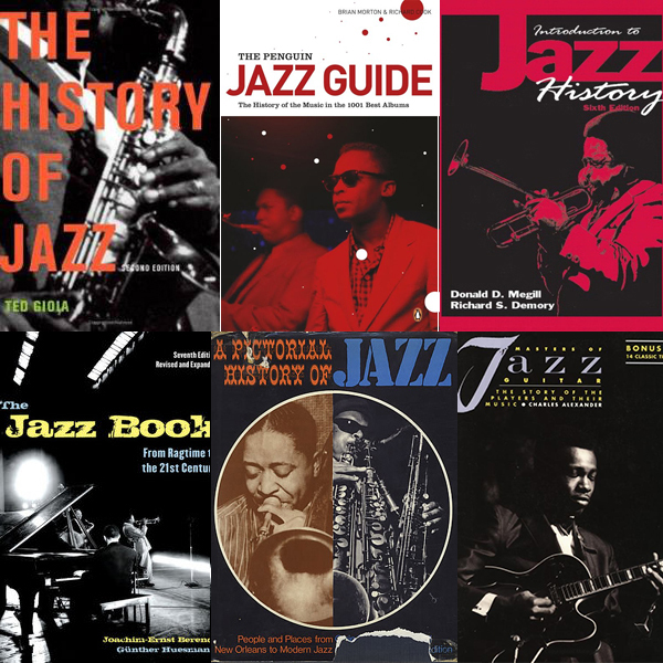 a variety of jazz history books commonly used in the classroom
