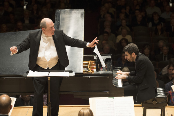 Conductor Robert Spano and pianist Jonathan Biss perform Bernard Rands' Concerto for Piano and Orchestra with the Boston Symphony Orchestra, April 3, 2014. Photo by Stu Rosner.