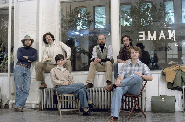 A break during a 1979 gig at Chicago's N.A.M.E. Gallery (pictured fron left to right, back row): David Means, Jim Staley, John Fonville, David Weinstein, (and seated in front) Barbara Maloney and Dan Senn. Photol courtesy Jim Staley. 