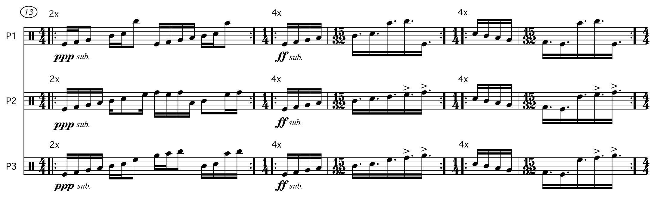 An excerpt from the score of Robert Honstein's An Index of Possibility for three percussionists (2012)