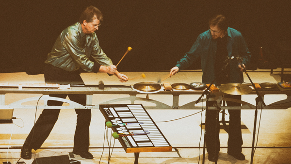 Paul Dresher & Joel Davel performing on the quardachord (with the marimba lumina in front of them) Photo by John Elliot, courtesy Sue Bernstein/Bernstein Artists.
