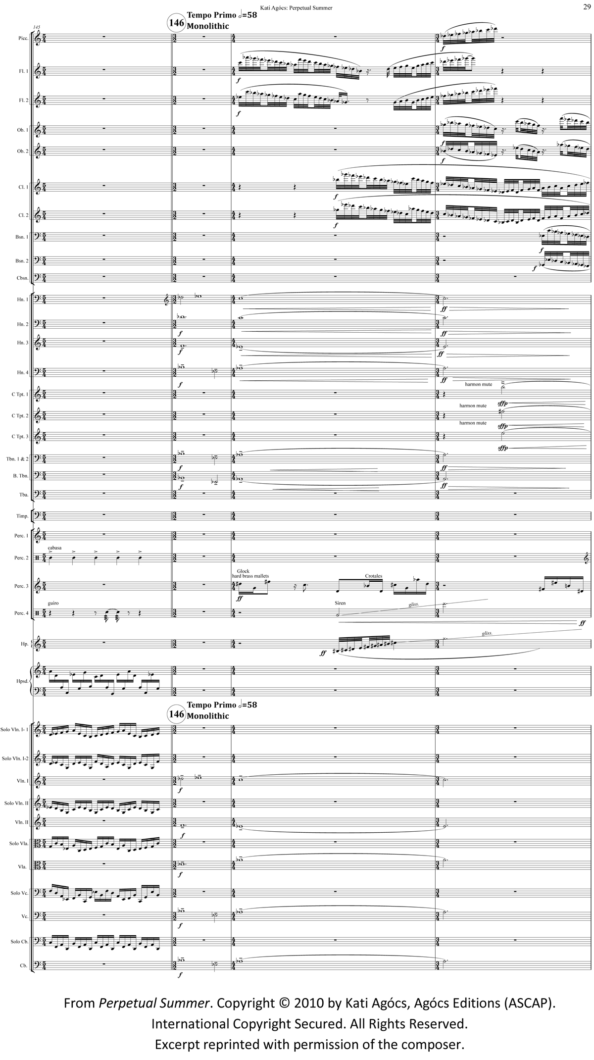 Page of orchestral score of Kati Agocs's Perpetual Summer