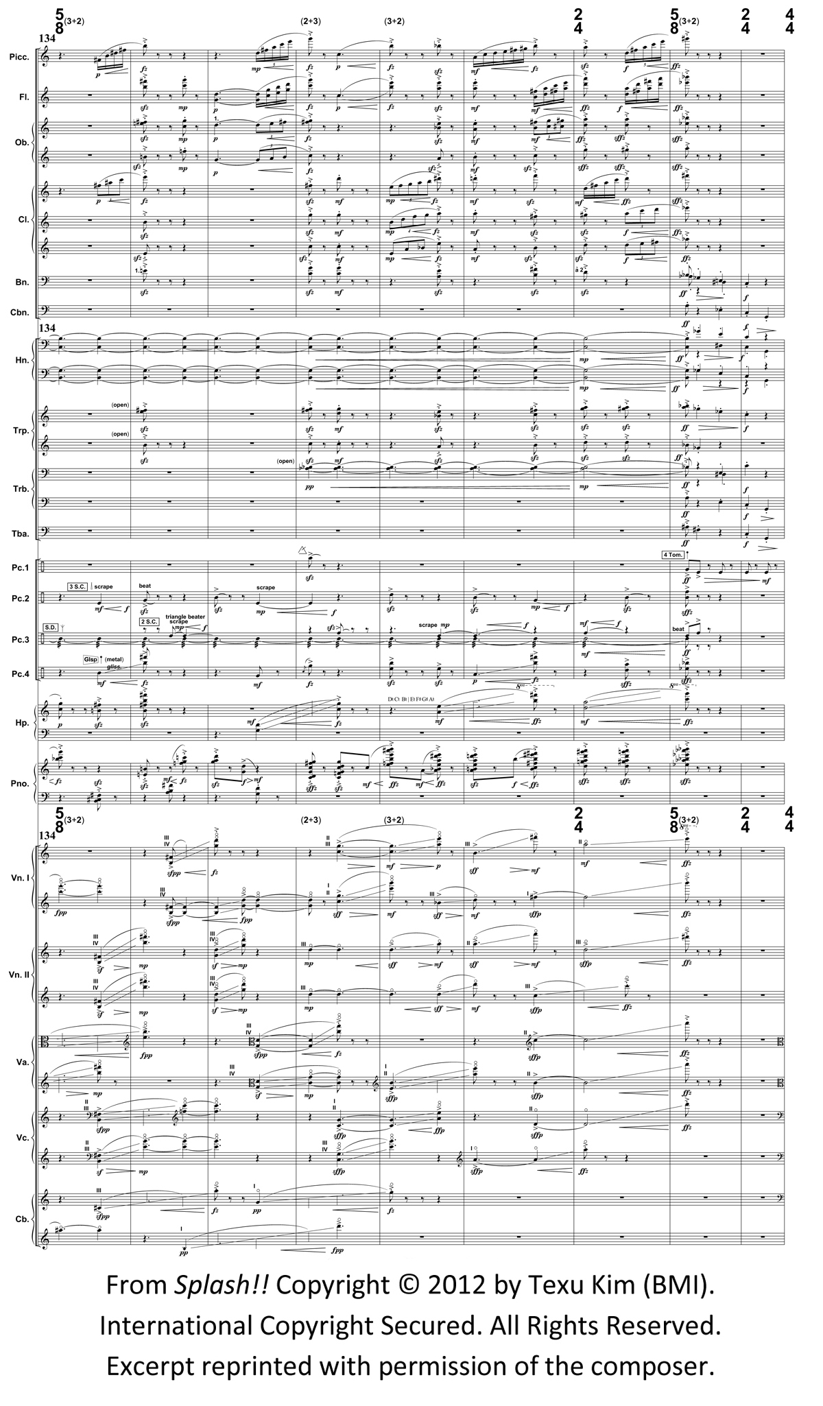 A page from the orchestral score of Texu Kim's Splash!!