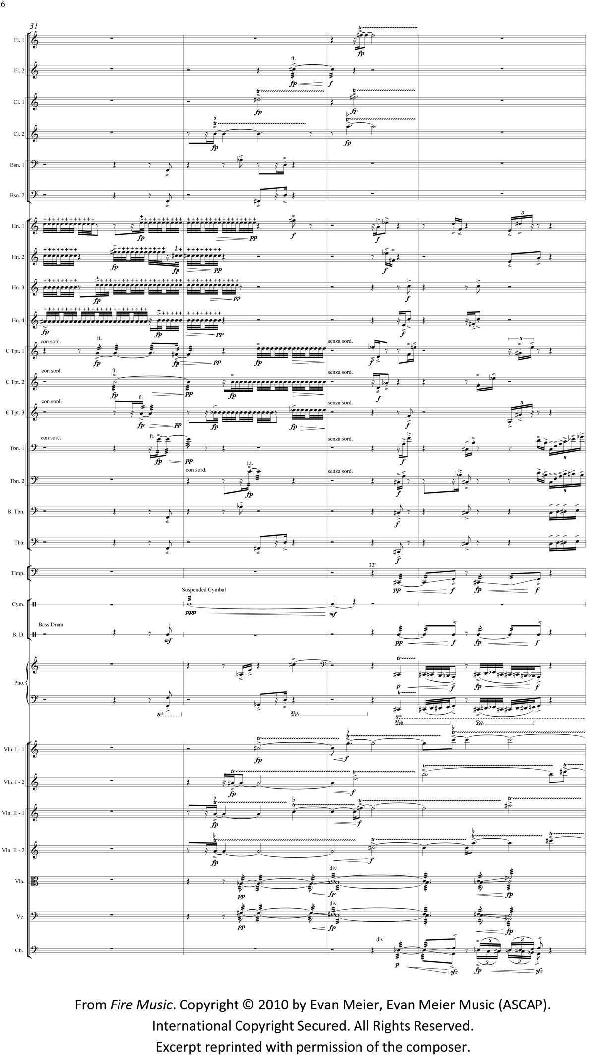 A page from the orchestral score of Evan Meier's Fire Music