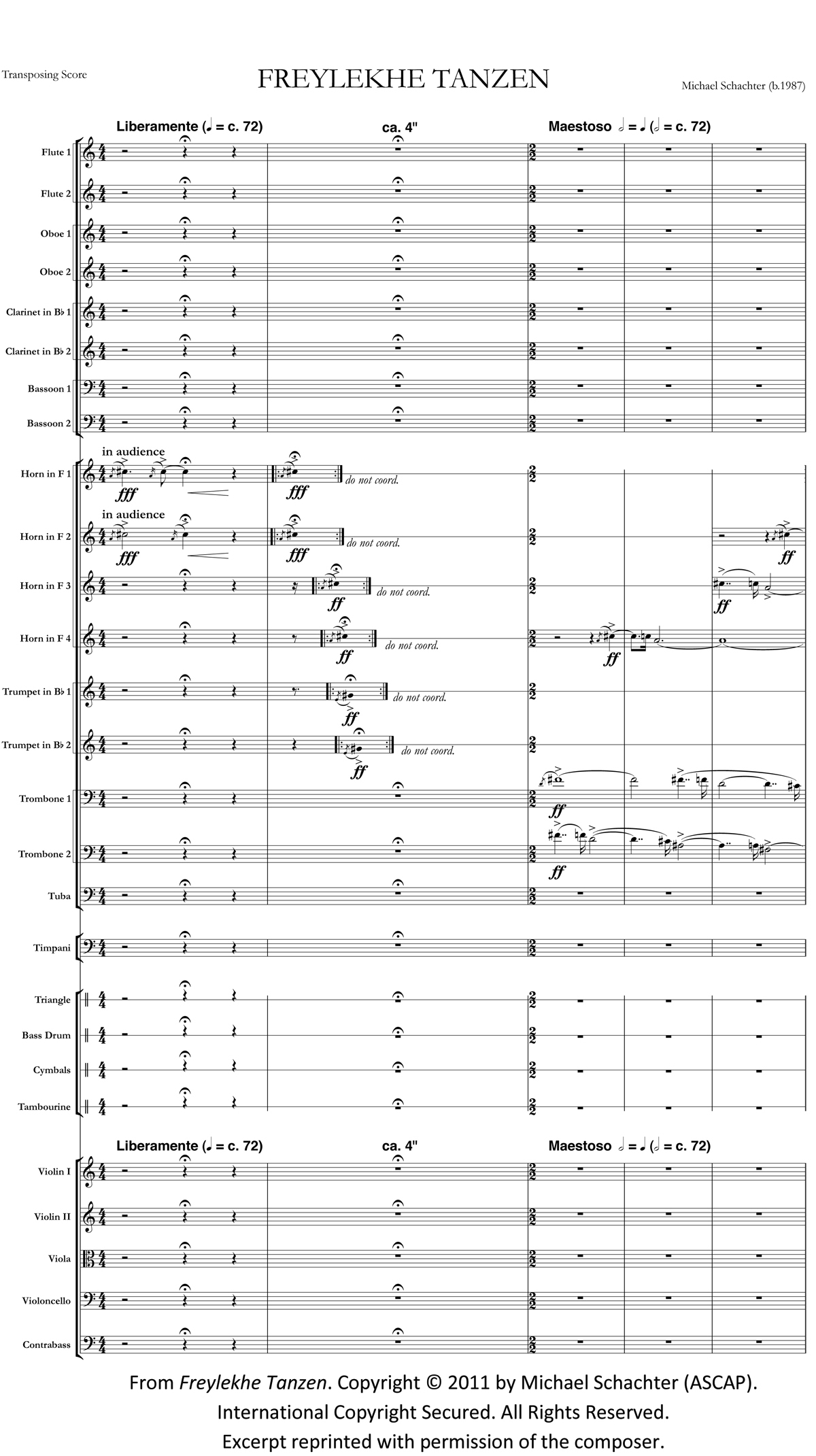 A page from the orchestra score of Michael Schachter's Freylekhe Tanzen