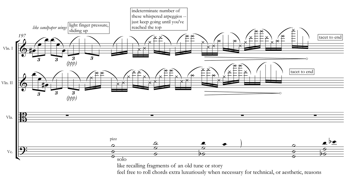 A passage from the string quartet score of Caroline Shaw's Entr'acte