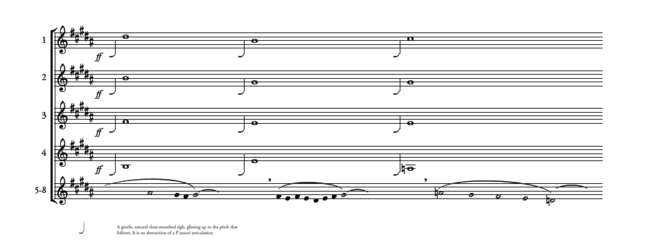 A passage from Caroline Shaw's score for "Sarabande," the third movement of her Pulitzer Prize-winning Partita for Eight Voices