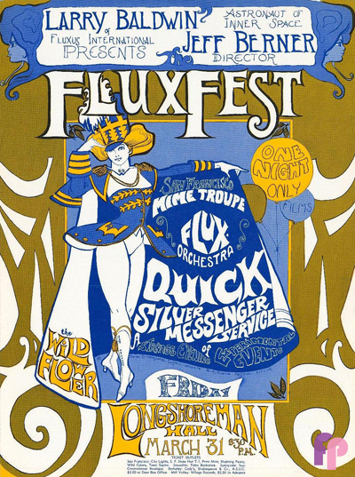 The poster for Jeff Berner's 1967 San Francisco Fluxfest featuring a drawing of a woman in a top hat and heels
