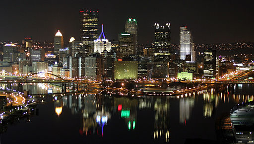 A view of the Pittsburgh skyline at night