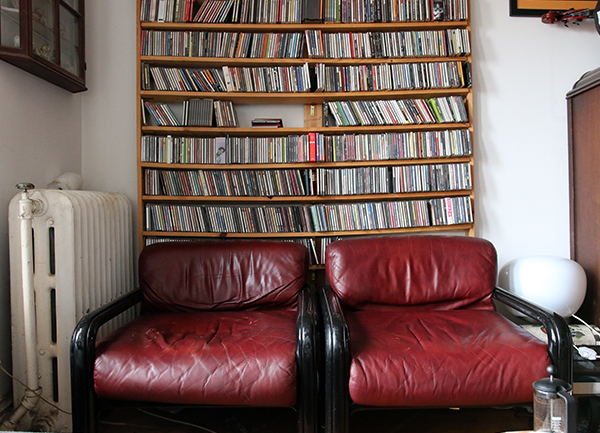 The wall of CDs in Fay Victor's apartment.