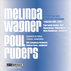 The cover for the CD featuring Melinda Wagner's flute concerto (Bridge 9098) which is just white text against a blue background listing details of the record and the other piece on the disc, a work by Poul Ruders.