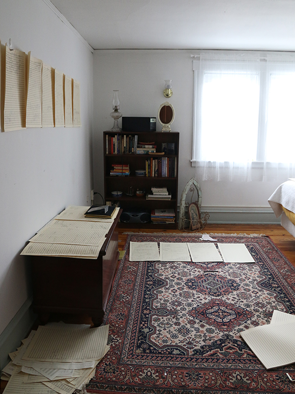Manuscript pages on the wall, on a shelf, and scattered over a rug on the floor.