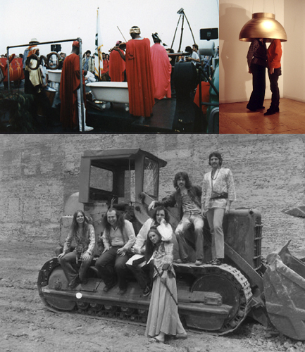 A photo montage from three different musical events: an event composition involving violins and bathtubs, two people standing under a bell, and an ensemble atop a tractor. 