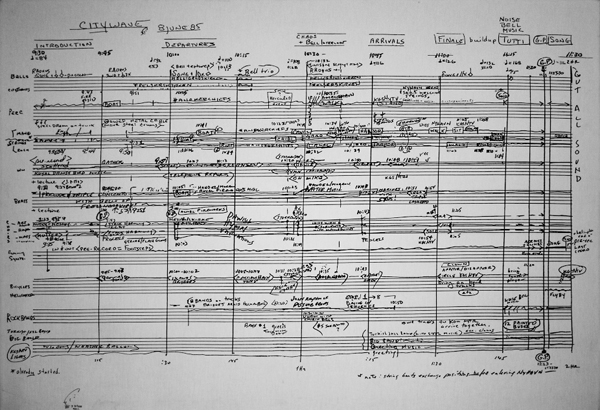A page of handwritten manuscript score for Charlie Morrow's event composition CityWave