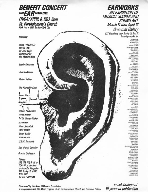 A poster for the Ear Magazine benefit concert on April 8, 1983 featuring an illustration of a giant ear and listing the participation of Charlie Morrow, Joan LaBarbara, Robert Ashley and many others as well as the world premiere of John Cage's ear for EAR