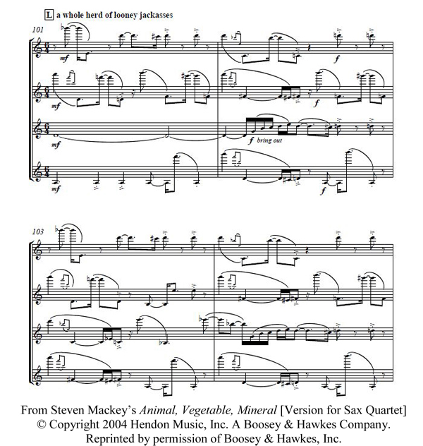 Excerpt from the score of the quartet version of Steven Mackey's Animal, Vegetable, Mineral