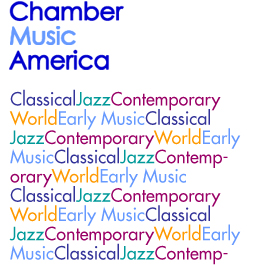 Logo of Chamber Music America listing genres of music they represent: classical, jazz, contemporary, world, and early music