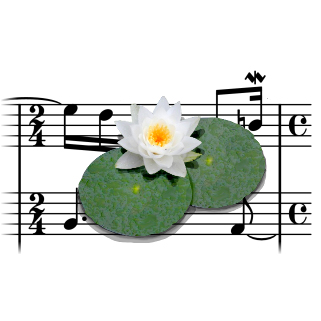 LilyPond logo featuring a drawing of a lilypond superimposed on a measure of two stave music notation