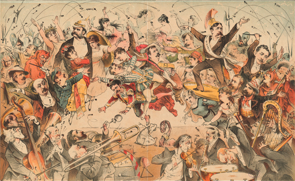 The operatic war in N. Y., a lithographic print from the 1880s from the archives of the Boston Library, depicting a clash between the Academy of Music and the Metropolitan Opera, with Henry E. Abbey, opera singers, conductors, and orchestras; some of the identified figures include Marcella Sembrich, Sofia Scalchi, Galassi, Trebelli, Roberto Stagno, Mirabelli, Campanini, and Col. Mapleson. 