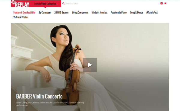 Screen shot of Replay website featuring a photo of Sarah Chang holding a violin.