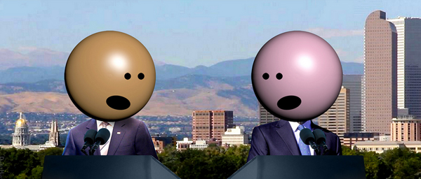 Great Debate, "Wah wah, wah wah, wah, waaah." A Creative Commons licensed image from DonkeyHotey's Flickr photostream showing two candidates with balloon heads staring at each other from podiums against a panoramic cityscape.
