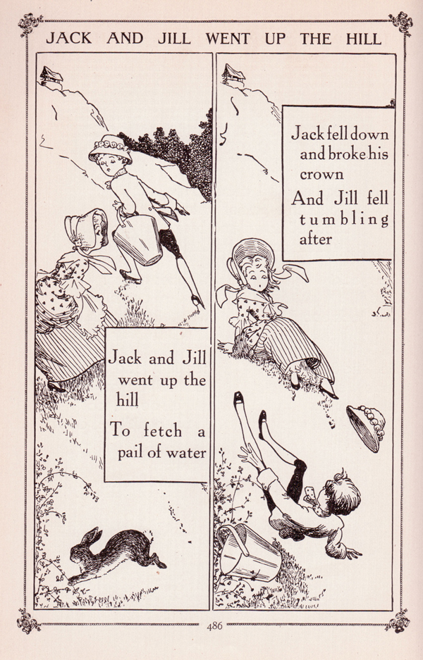 Illustrated cartoon of the "Jack and Jill" nursery rhyme including the text: "Jack and Jill went up the hilll / to fetch a pail of water. / Jack fell down and broke his crown / And Jill fell tumbling after."
