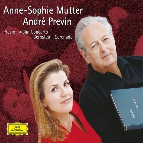 On the cover of the world premiere recording of Previn's Violin Concerto, soloist Anne-Sophie Mutter in a red dress stands next to Previn who is wearing a black shirt and holding the score.