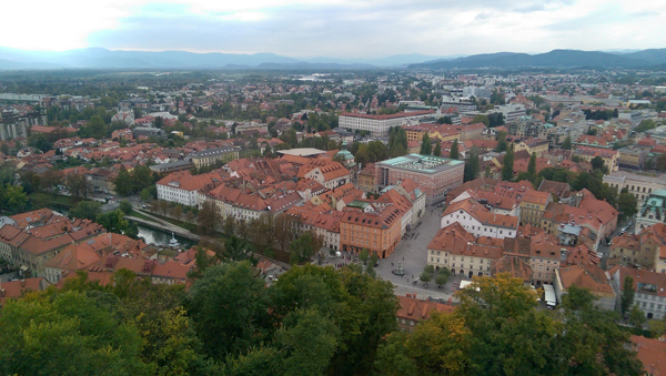 An aerial view of the old town of Ljubljana