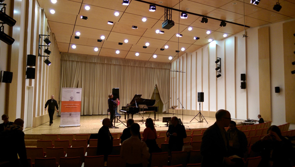 The stage at the concert hall at Ljubljana Conservatory.