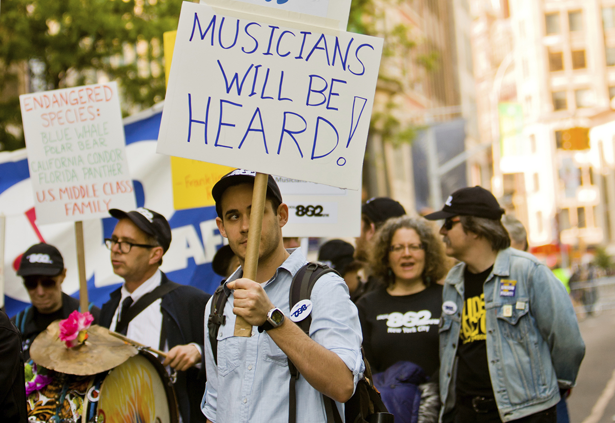 Musicians at peaceful demonstration on Union Square, New York