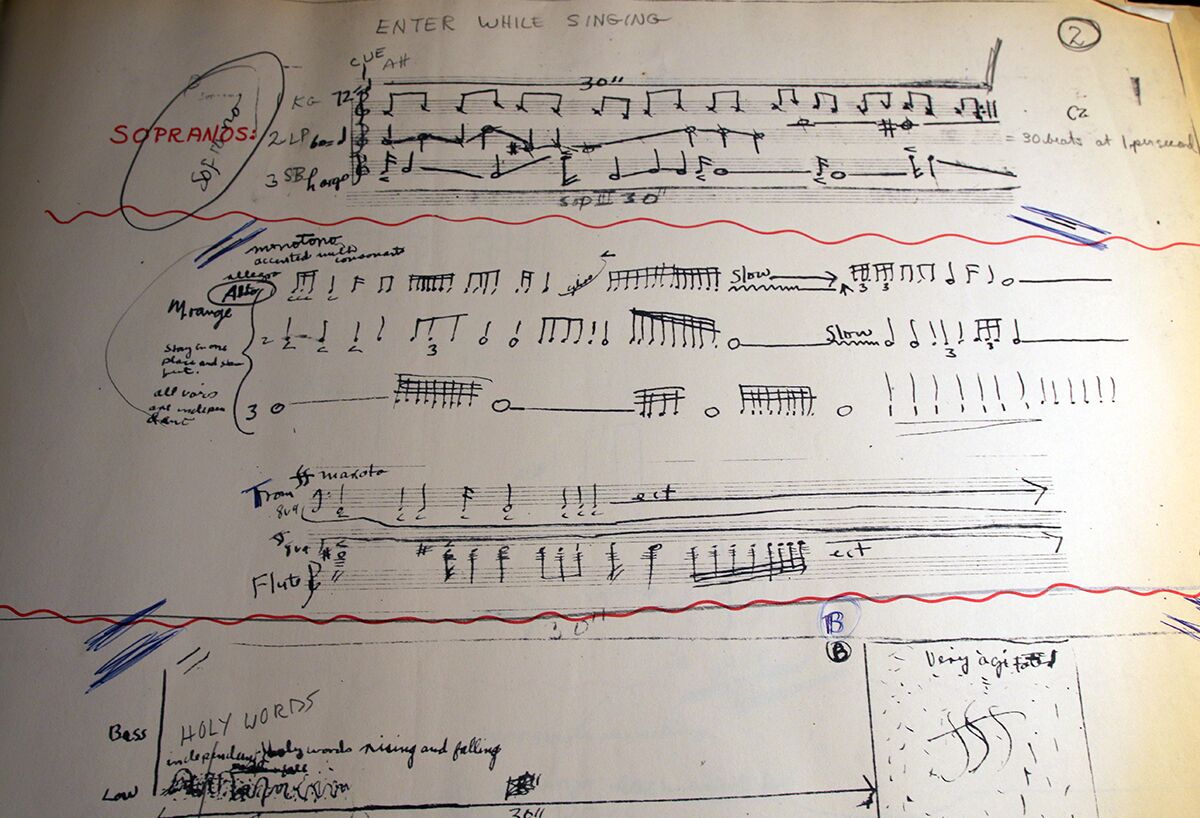 A page from a manuscript of a musical score by Julius Eastman featuring indeterminate notation for singers, trombone, and flute.