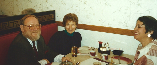 Eaton, Melinda Wagner and her mother sitting at a table in a restaurant.