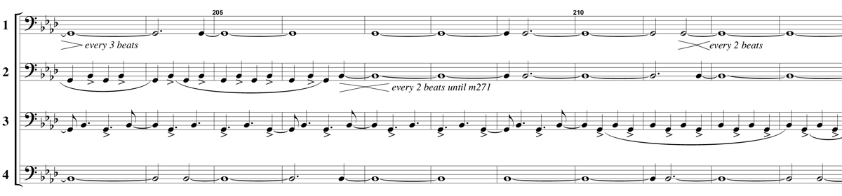 An excerpt from the musical score for Mary Jane Leach's composition 4BC for four bass clarinets.