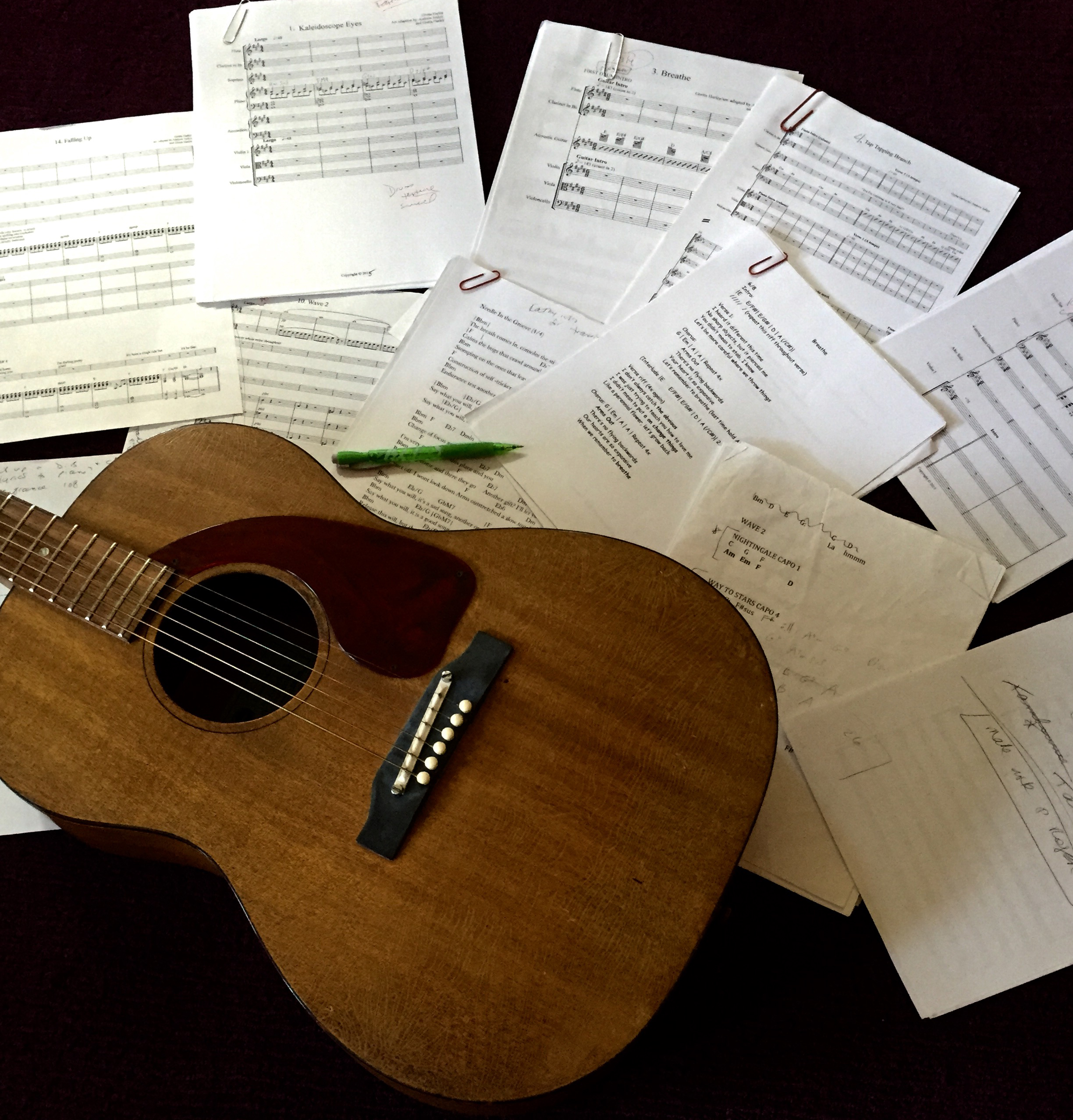 A guitar surrounded by a pile of leadsheets and scores