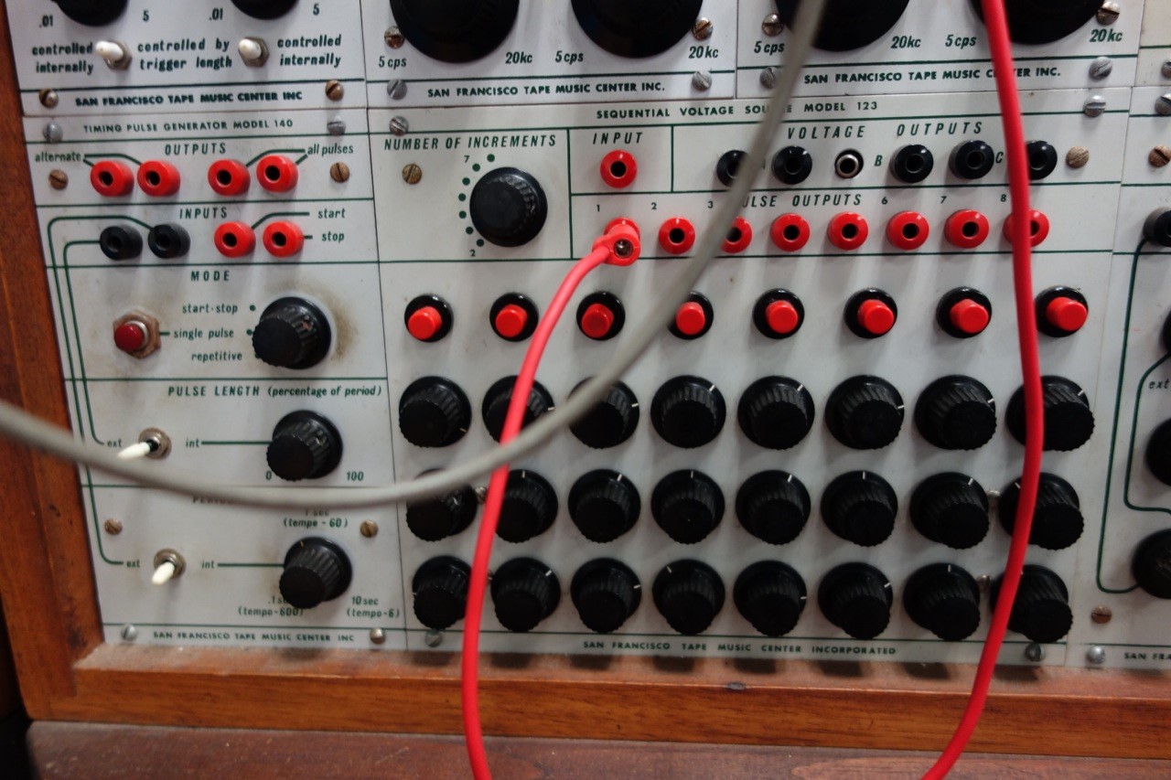 Closeup image of an old patch-cord synthesizer